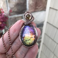Rainbow labradorite & citrine oval copper wire wrapped pendant, Spectrolite purple yellow crystal necklace