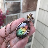 Rainbow labradorite & citrine oval copper wire wrapped pendant, Spectrolite purple yellow crystal necklace