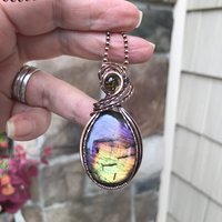 Rainbow labradorite & citrine oval copper wire wrapped pendant, Spectrolite purple yellow crystal necklace