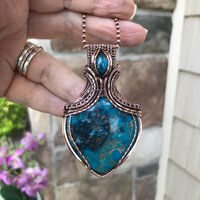 Turquoise and apatite copper wire wrapped pendant, Blue teal crystal artisan necklace