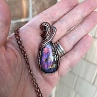 Pink  purple labradorite wire wrapped copper necklace, Spectrolite rainbow crystal pendant