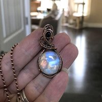 Rainbow moonstone & iolite copper wire wrapped necklace,  Artisan blue orange crystal pendant