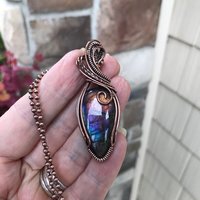Purple rainbow labradorite wire wrapped copper necklace, Semiprecious spectrolite pendant