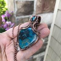 Turquoise and apatite copper wire wrapped pendant, Blue teal crystal artisan necklace