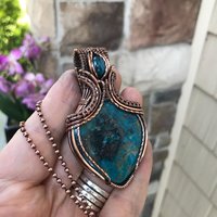 Turquoise and apatite copper wire wrapped pendant, Blue teal crystal artisan necklace