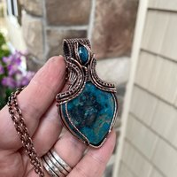 Turquoise and apatite copper wire wrapped pendant, Blue teal crystal artisan necklace