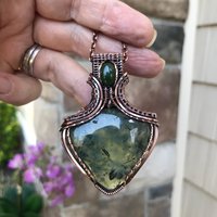 Prehnite & Jade Copper Pendant with Weaving