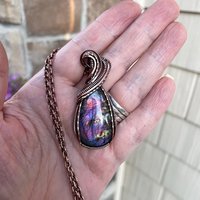 Pink  purple labradorite wire wrapped copper necklace, Spectrolite rainbow crystal pendant