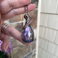Pink  purple labradorite wire wrapped copper necklace, Spectrolite rainbow crystal pendant