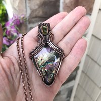 Purple Yellow Labradorite & Lemon Quartz Copper Pendant with Weaving