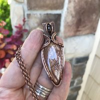 Golden Sunstone & Garnet Copper Pendant with Weaving