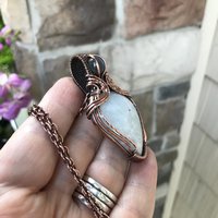 SOLD - Moonstone & blue labradorite wire wrapped copper pendant, Woven rainbow crystal teardrop necklace