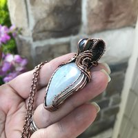 SOLD - Moonstone & blue labradorite wire wrapped copper pendant, Woven rainbow crystal teardrop necklace