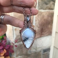 Dendritic Opal  & Gray Moonstone Copper Pendant with Weaving