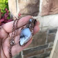 Dendritic Opal  & Gray Moonstone Copper Pendant with Weaving