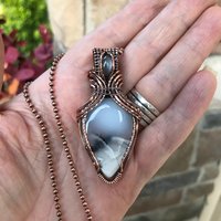 Dendritic Opal  & Gray Moonstone Copper Pendant with Weaving