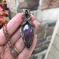 Purple Maroon Labradorite & Garnet Copper Pendant with Weaving