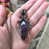 Purple Maroon Labradorite & Garnet Copper Pendant with Weaving