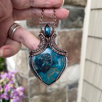 Turquoise and apatite copper wire wrapped pendant, Blue teal crystal artisan necklace