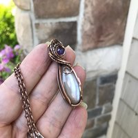 Gray Moonstone & Amethyst Slender Oval Copper Pendant