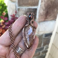 Golden Sunstone & Garnet Copper Pendant with Weaving