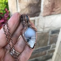 Dendritic Opal  & Gray Moonstone Copper Pendant with Weaving