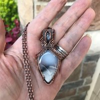 Dendritic Opal  & Gray Moonstone Copper Pendant with Weaving