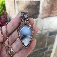 Dendritic Opal  & Gray Moonstone Copper Pendant with Weaving