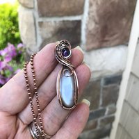 Gray Moonstone & Amethyst Slender Oval Copper Pendant