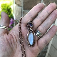 Gray Moonstone & Amethyst Slender Oval Copper Pendant
