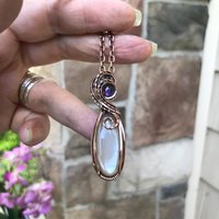 Gray Moonstone & Amethyst Slender Oval Copper Pendant