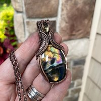 Yellow Orange Labradorite & Lemon Quartz Copper Pendant with Weaving