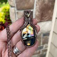 Yellow Orange Labradorite & Lemon Quartz Copper Pendant with Weaving