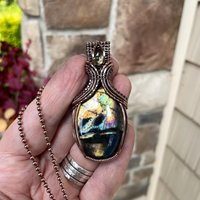 Yellow Orange Labradorite & Lemon Quartz Copper Pendant with Weaving