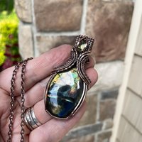 Yellow Orange Labradorite & Lemon Quartz Copper Pendant with Weaving
