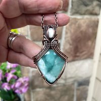 SOLD Blue Hemimorphite & Moonstone Copper Pendant with Weaving
