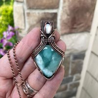 SOLD Blue Hemimorphite & Moonstone Copper Pendant with Weaving