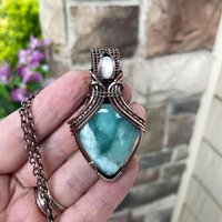 SOLD Blue Hemimorphite & Moonstone Copper Pendant with Weaving