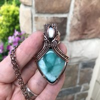 SOLD Blue Hemimorphite & Moonstone Copper Pendant with Weaving