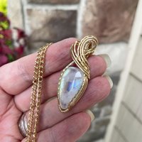 Rainbow Moonstone Teardrop Brass Necklace