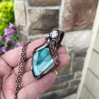 SOLD Blue Hemimorphite & Moonstone Copper Pendant with Weaving