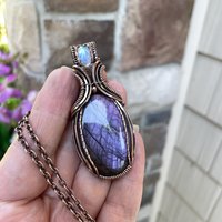 Purple Labradorite & Moonstone Oval Pendant with Weaving