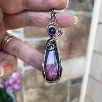 Pink Purple Labradorite & Amethyst Copper Pendant