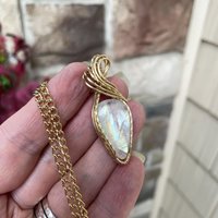 Rainbow Moonstone Teardrop Brass Necklace