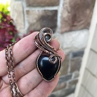 Obsidian Rutile Quartz Heart Copper Pendant