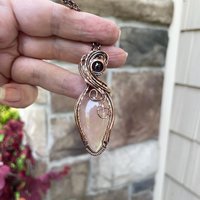 Rose Quartz & Garnet Swirly Heart Copper Necklace