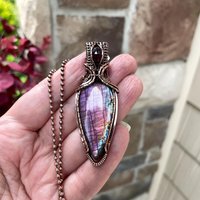 Purple & Pink Labradorite & Moonstone Copper Pendant with Weaving