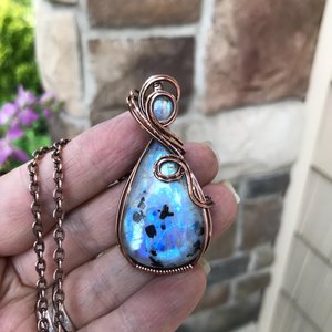 Rainbow Moonstone with Black Tourmaline Copper Necklace