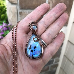 Rainbow Moonstone with Black Tourmaline Copper Necklace
