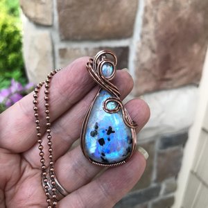 Rainbow Moonstone with Black Tourmaline Copper Necklace